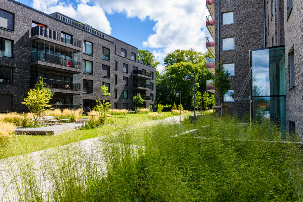 Grön gård framför bostadsrätter